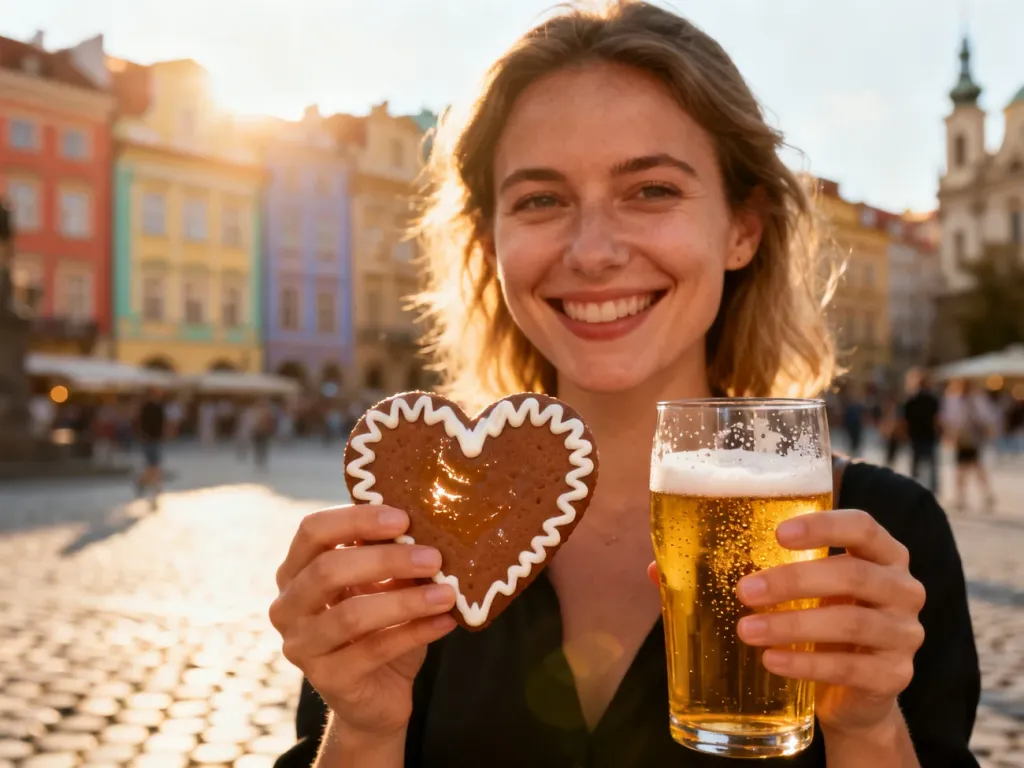 Uśmiechnięta kobieta trzyma tradycyjne czeskie piernikowe serce i piwo na tle słonecznego rynku w Pradze.