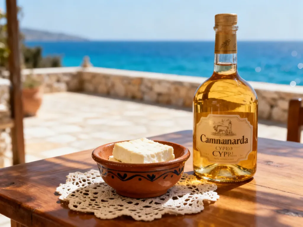 Tradycyjne cypryjskie pamiątki: wino Commandaria, ser halloumi i koronkowa serwetka na tle słonecznego wybrzeża.