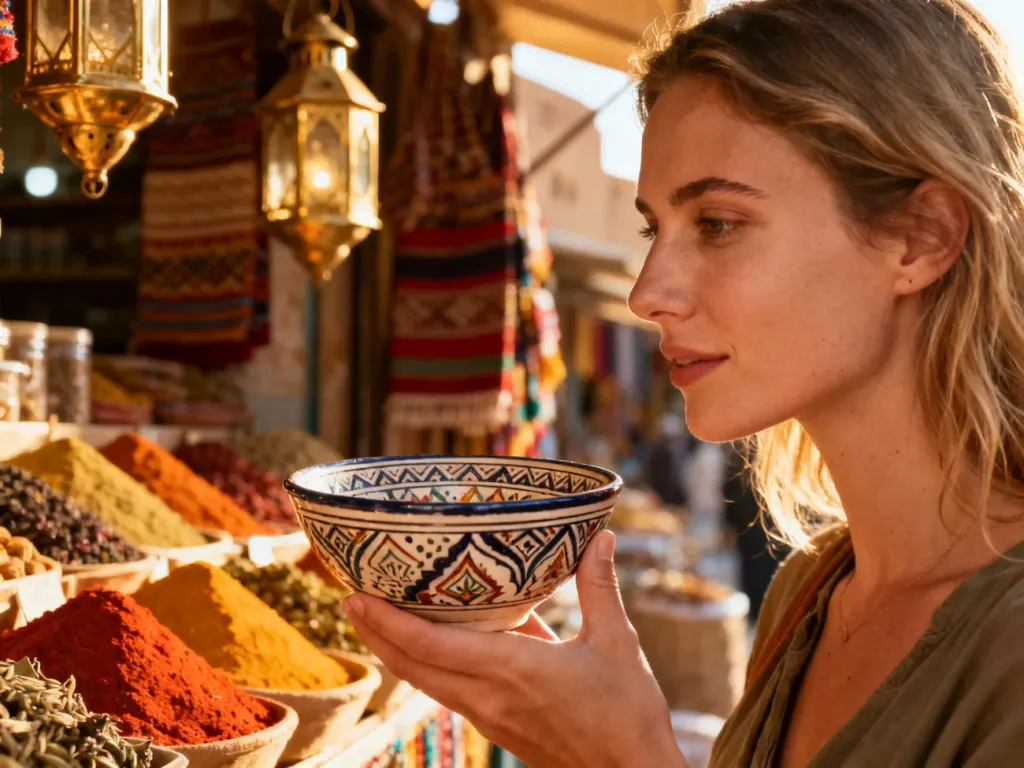 Kobieta trzyma tradycyjną, zdobioną misę ceramiczną na tle kolorowego jordańskiego targu z przyprawami i rękodziełem.