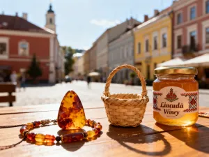 Szklanka oliwy, miód i oliwki na drewnianym stole na tle słonecznego krajobrazu Krety.