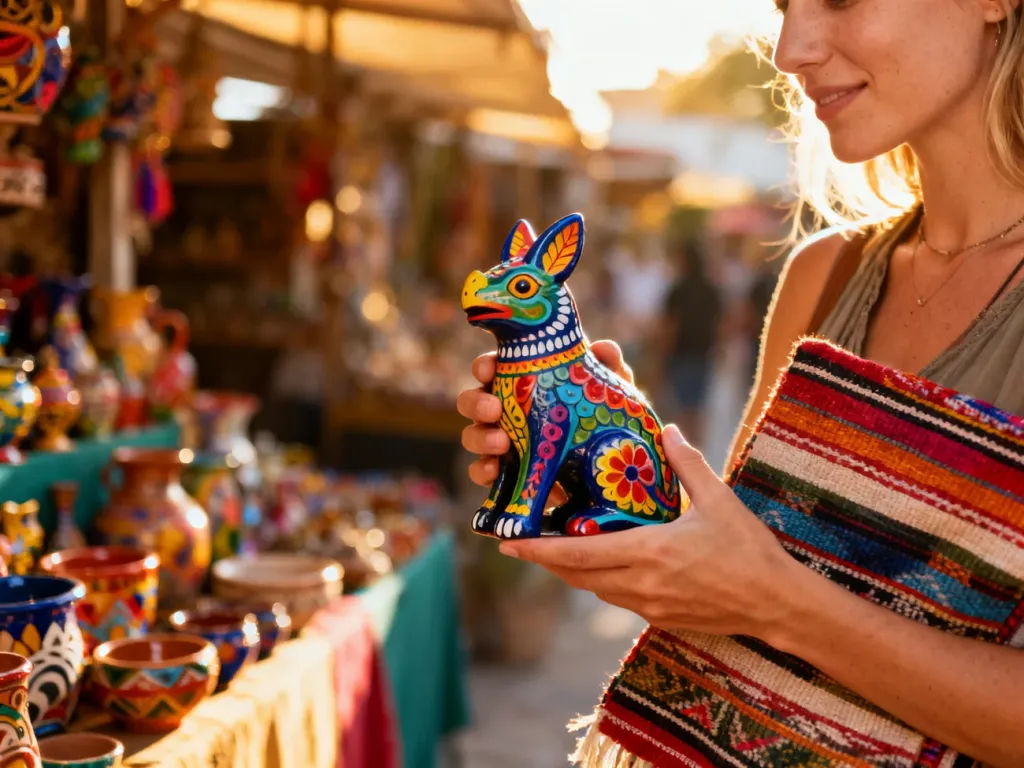 Kobieta trzymająca ręcznie malowaną figurkę alebrije i tradycyjną tkaninę na tle kolorowego meksykańskiego targu.